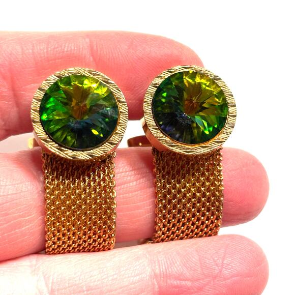 Gold wrap Cufflinks Rivoli style watermelon green & pink stones vintage 1970s - Picture 2 of 8